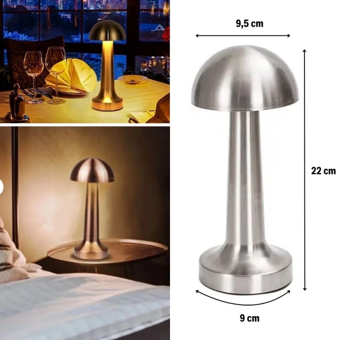 Mantar Model Silver Renk Şarjlı Dokunmatik 3 Renkli LED Masa Lambası (4940)