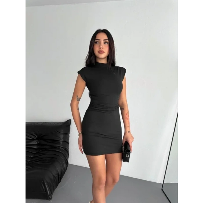 Mini Elbise Yarım Balıkçı Yaka Vücuda Oturan Şık Günlük Elbise - Siyah