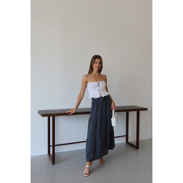 Müslin kumaş keten uzun etek antrasit pt