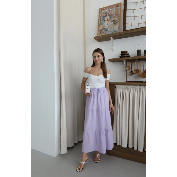 Müslin kumaş keten uzun etek lila pt