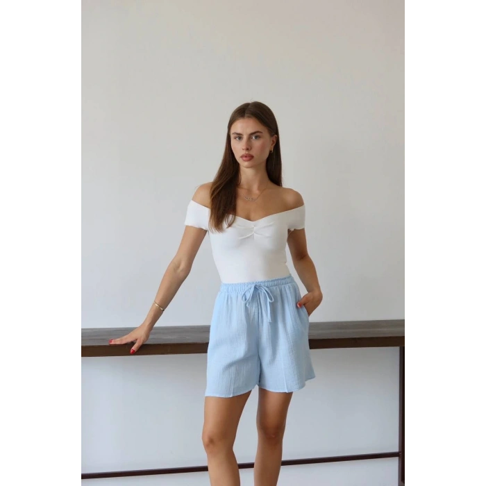 Müslin kumaş şort bağcıklı mavi pt