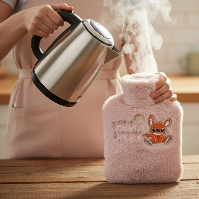 Mutlu Robot Hayvan Figürlü Pembe Peluş Sıcak Su Torbası 1 Lt – Yumuşak Kılıf, Uzun Süre Sıcak Tutan Termal Su Torbası (4940)