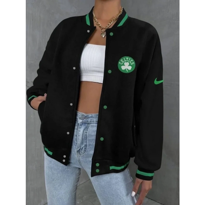 Nakışlı Dijital Sırt Baskılı Üç İplik Oversize Kolej Ceket - Siyah