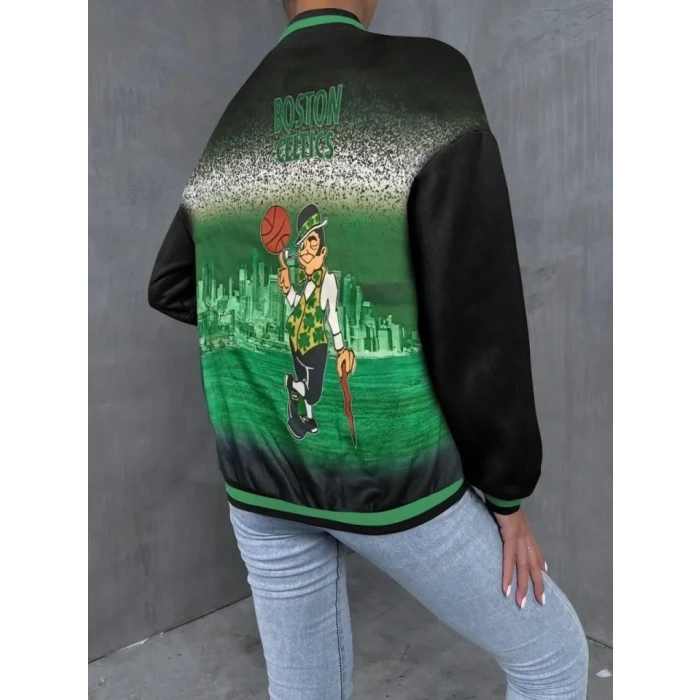 Nakışlı Dijital Sırt Baskılı Üç İplik Oversize Kolej Ceket - Siyah