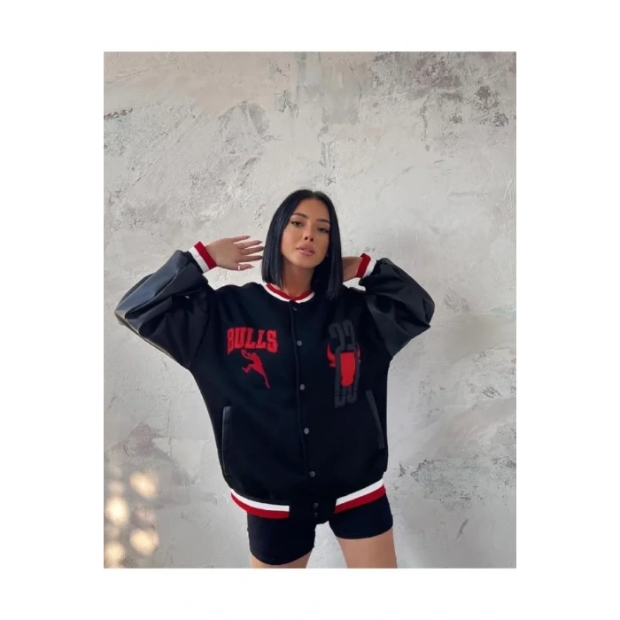 Nakışlı Kolları Deri Oversize Kolej Ceket - Siyah