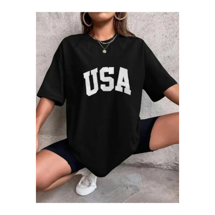 Nakışlı Oversize T-Shirt - Siyah