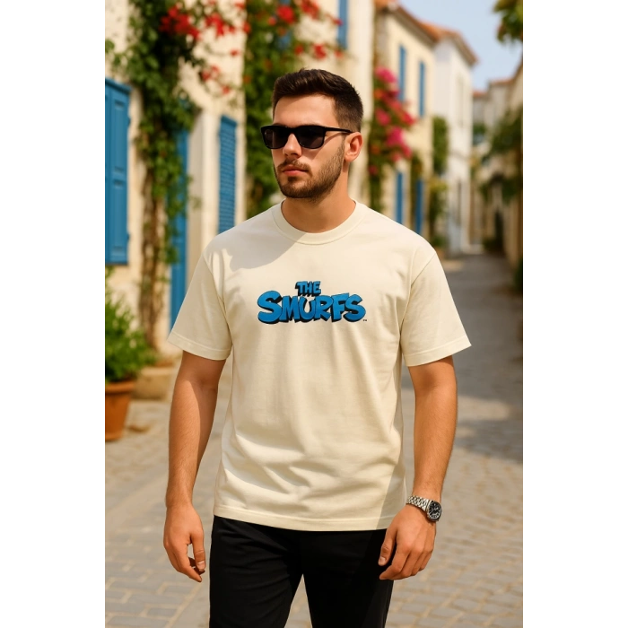 Ön Ve Arka Baskılı Oversize Bisiklet Yaka T-shirt- Beyaz