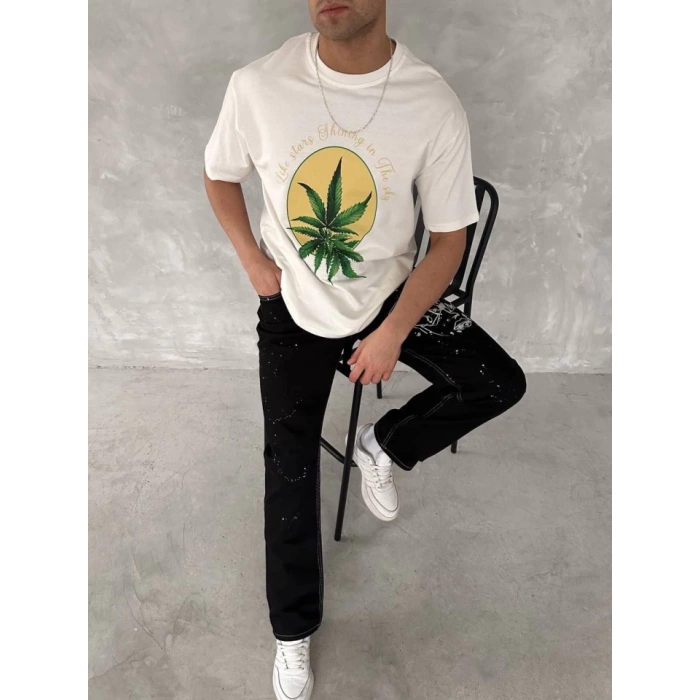 Ön Ve Arka Baskılı Oversize Bisiklet Yaka T-shirt- Beyaz