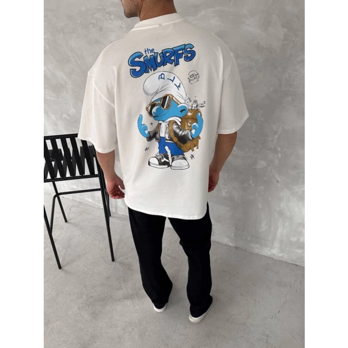 Ön Ve Arka Baskılı Oversize Bisiklet Yaka T-shirt- Beyaz