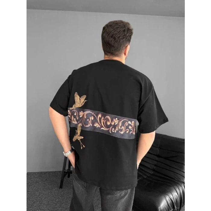 Ön Ve Arka Baskılı Oversize Bisiklet Yaka T-shirt - Siyah