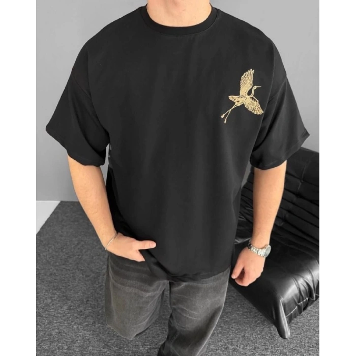 Ön Ve Arka Baskılı Oversize Bisiklet Yaka T-shirt - Siyah