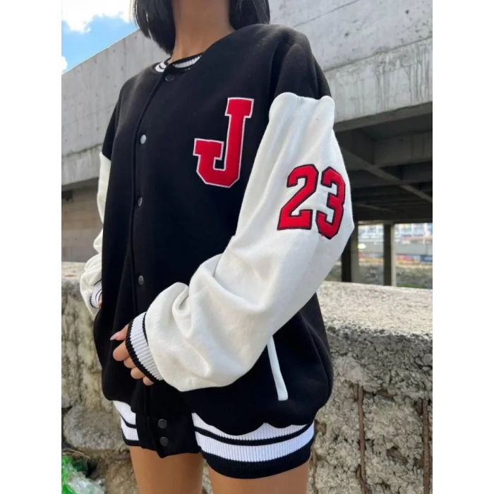 Ön Ve Kol Nakış İşlemeli Kolej Ceket - Siyah