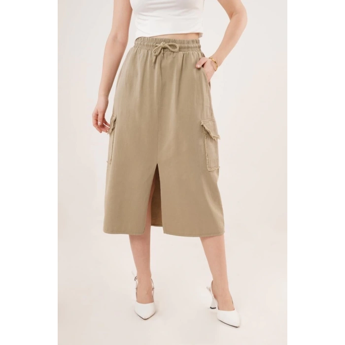 Ön Yırtmaçlı Cep Detaylı Haki Etek