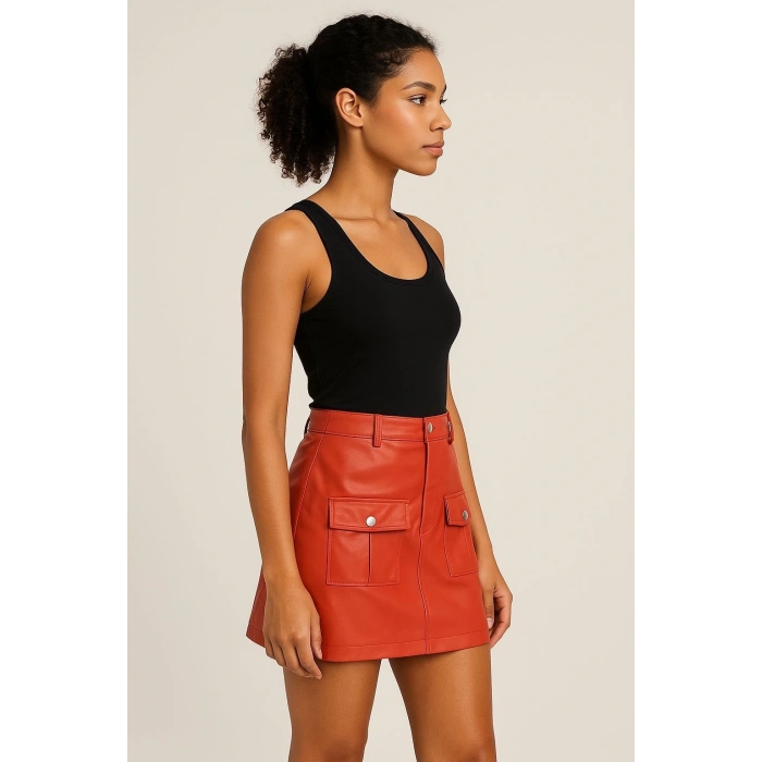 Önden iki cepli deri etek turuncu h240040