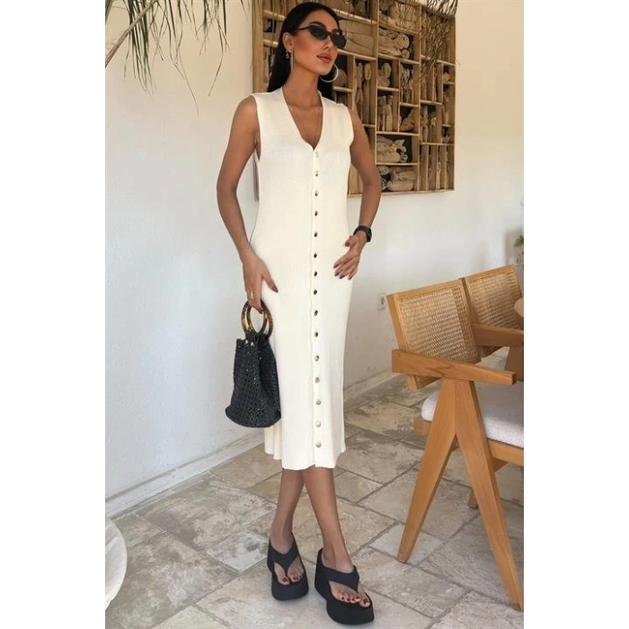 Önü Düğmeli Fitilli Kolsuz Elbise 2832