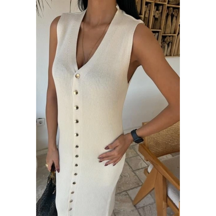 Önü Düğmeli Fitilli Kolsuz Elbise 2832