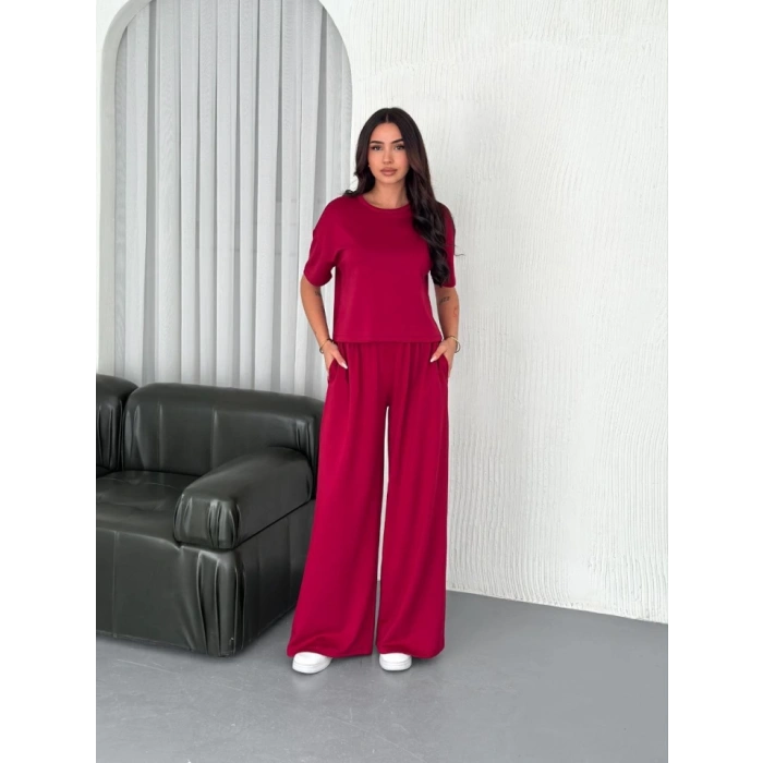 Osy Modal Yumuşak Dokulu Kumaş Bisiklet Yaka T-shirt Bol Paça Pantalon Ikili Takım -Bordo