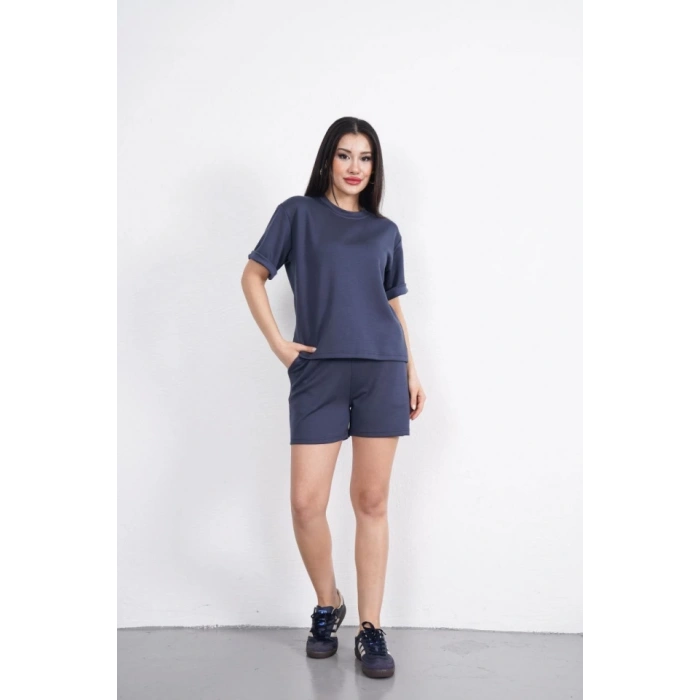 Osy Modal Yumuşak Dokulu Kumaş Bisiklet Yaka T-shirt Kısa Şort İkili Takım - Antrasit