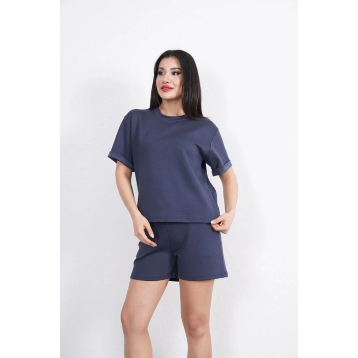 Osy Modal Yumuşak Dokulu Kumaş Bisiklet Yaka T-shirt Kısa Şort İkili Takım - Antrasit