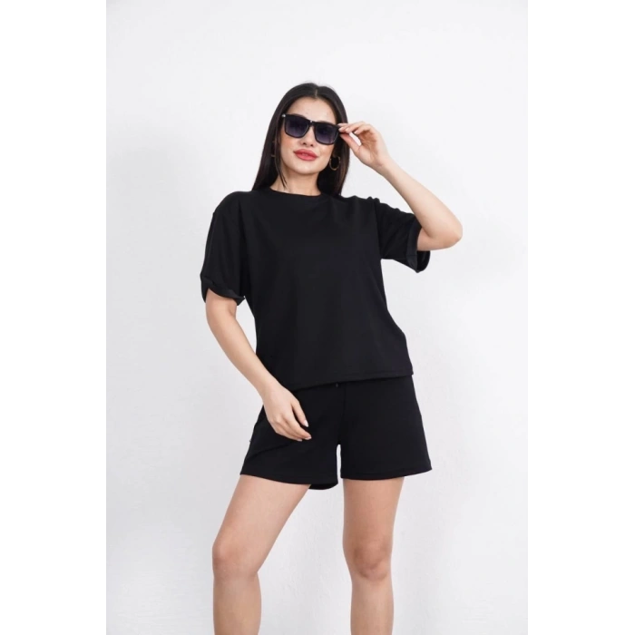 Osy Modal Yumuşak Dokulu Kumaş Bisiklet Yaka T-shirt Kısa Şort İkili Takım - Siyah