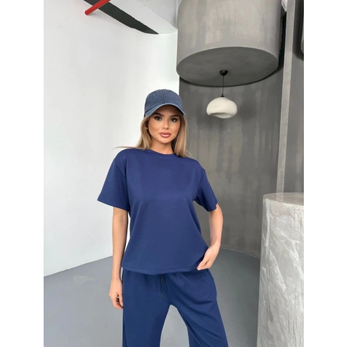 Osy Modal Yumuşak Dokulu Kumaş Kısa Kollu Bluz Rahat Pantalon Ikili Takım- Lacivert