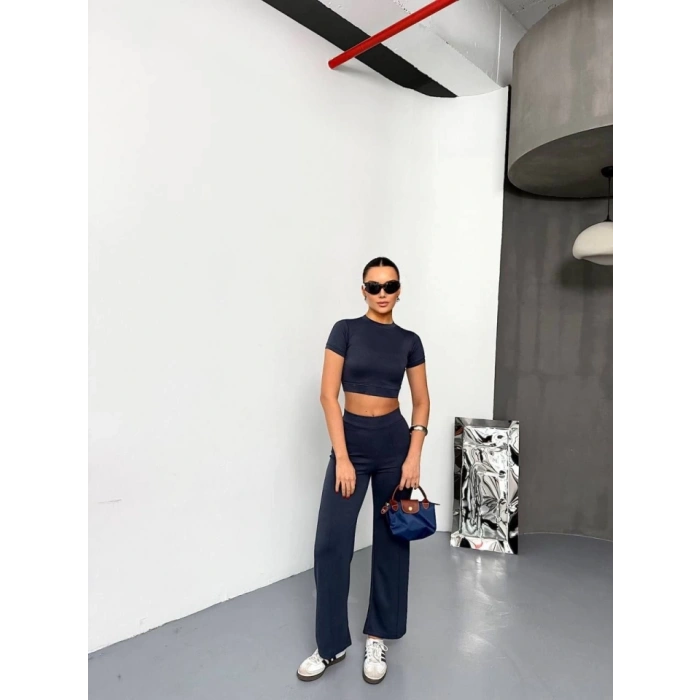 Osy Modal Yumuşak Dokulu Kumaş Kısa Kollu Crop Alt Ispanyol Paça Pantalon Ikili Takım - Füme