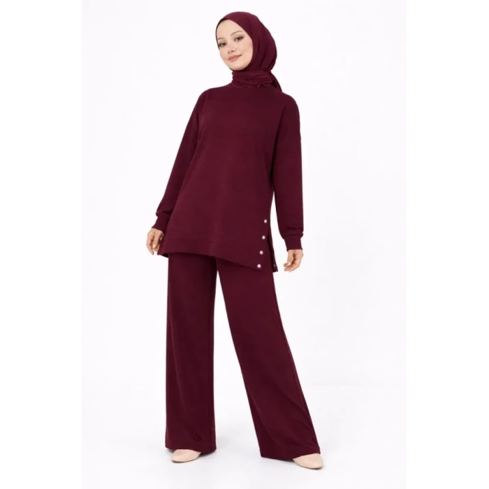 Osy Modal Yumuşak Dokulu Kumaş Modern Tesettür Takım Yandan Metal Çıtçıtlı Uzun Tunik Pantolon Set Salaş Kalıp - Bordo