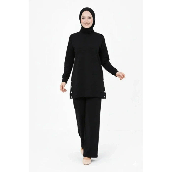 Osy Modal Yumuşak Dokulu Kumaş Modern Tesettür Takım Yandan Metal Çıtçıtlı Uzun Tunik Pantolon Set Salaş Kalıp - Siyah