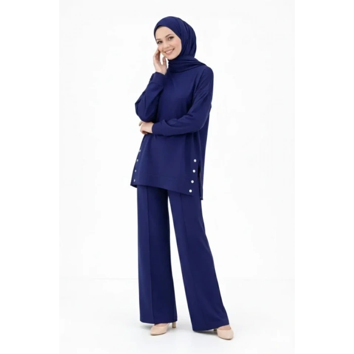 Osy Modal Yumuşak Dokulu Kumaş Modern Tesettür Takım Yandan Metal Çıtçıtlı Uzun Tunik Pantolon Set Salaş Kalıp - Lacivert