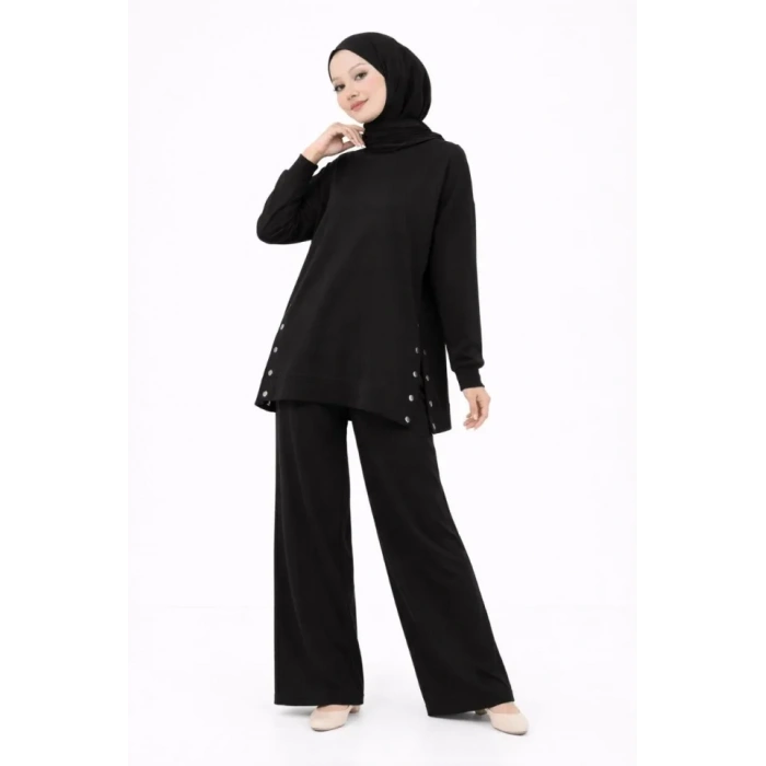 Osy Modal Yumuşak Dokulu Kumaş Modern Tesettür Takım Yandan Metal Çıtçıtlı Uzun Tunik Pantolon Set Salaş Kalıp - Siyah