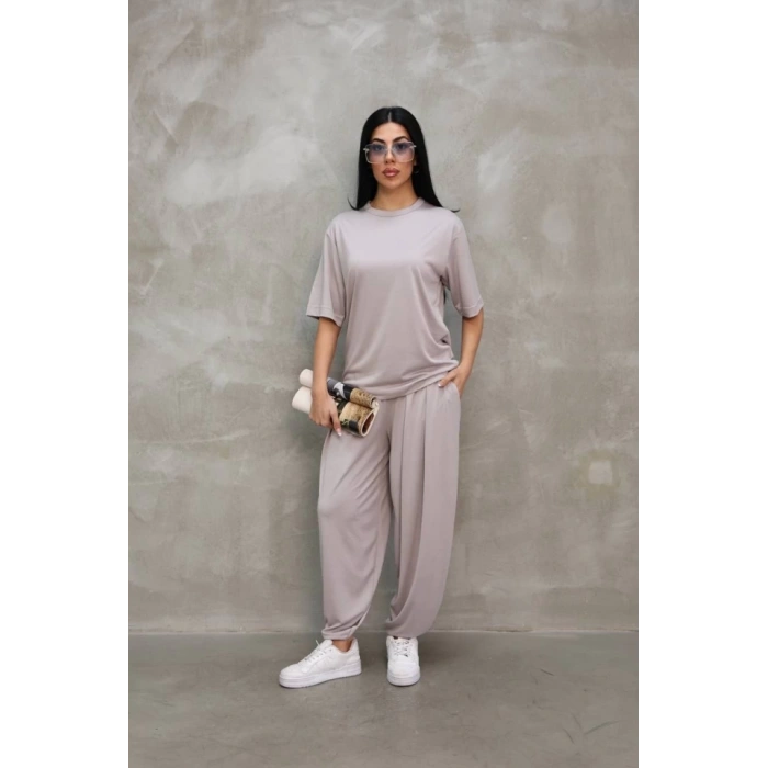 Osy Modal Yumuşak Dokulu Kumaş Oversize Bisiklet Yaka T-shirt Jogger Eşofman Altı Eşofman Takımı - Gri