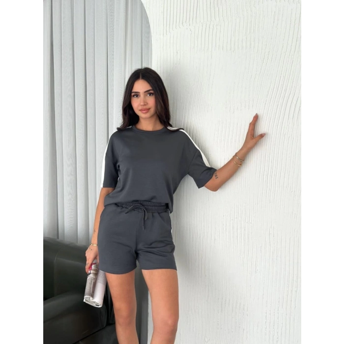 Osy Modal Yumuşak Dokulu Kumaş Parçalı Bisiklet Yaka T-shirt Kısa Şort İkili Takım - Antrasit