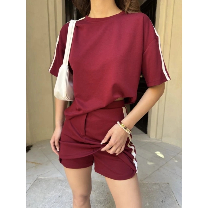 Osy Modal Yumuşak Dokulu Kumaş Parçalı Bisiklet Yaka T-shirt Mini Şortlu Etek İkili Takım -Bordo