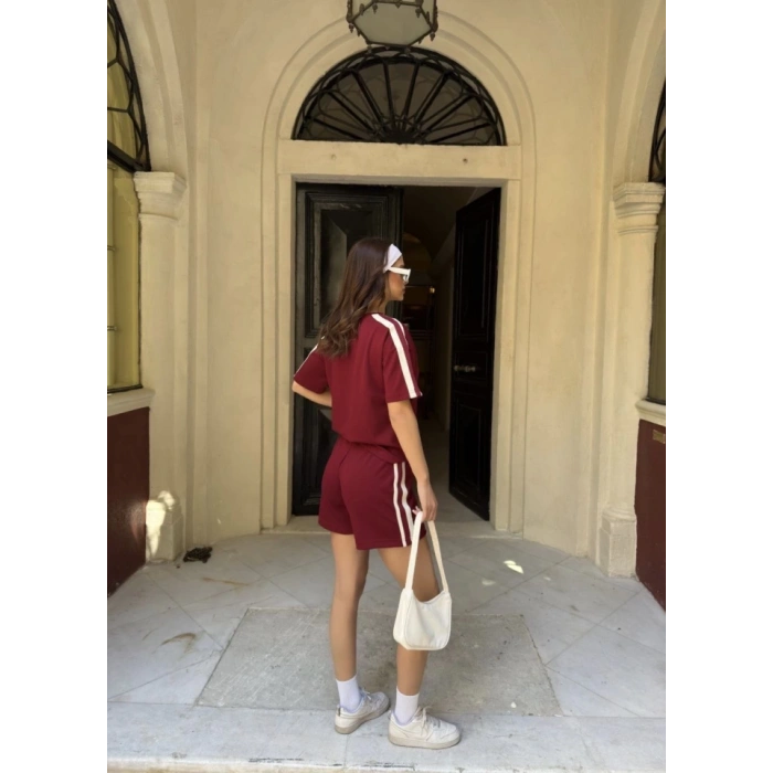 Osy Modal Yumuşak Dokulu Kumaş Parçalı Bisiklet Yaka T-shirt Mini Şortlu Etek İkili Takım -Bordo