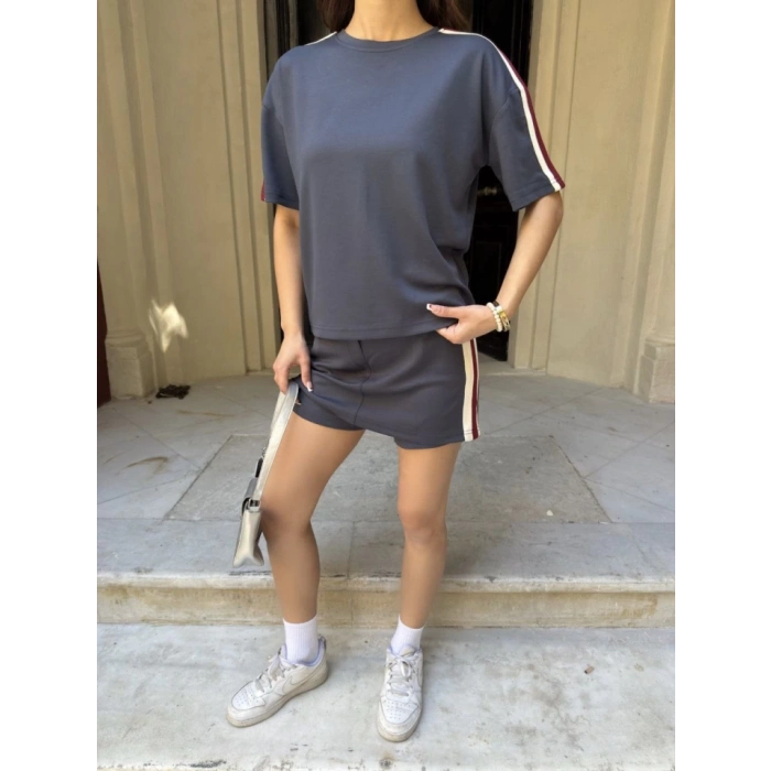 Osy Modal Yumuşak Dokulu Kumaş Parçalı Bisiklet Yaka T-shirt Mini Şortlu Etek İkili Takım - Füme