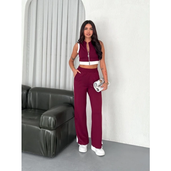 Osy Modal Yumuşak Dokulu Kumaş Tam Fermuarlı Crop Pantalon İkili Takım - Bordo