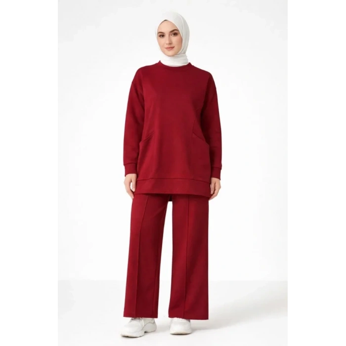 Osy Modal Yumuşak Dokulu Kumaş Tesettür Cepli Tunik Pantolon Takım - Bordo