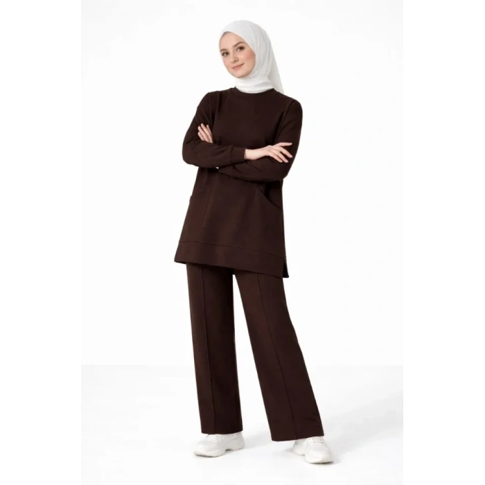 Osy Modal Yumuşak Dokulu Kumaş Tesettür Cepli Tunik Pantolon Takım - Kahverengi