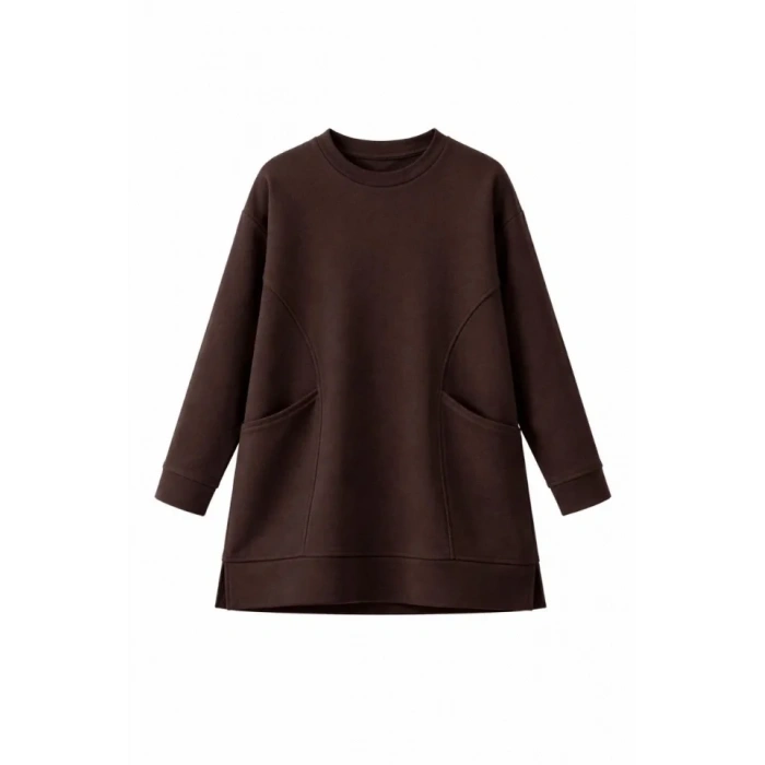 Osy Modal Yumuşak Dokulu Kumaş Tesettür Cepli Tunik Pantolon Takım - Kahverengi