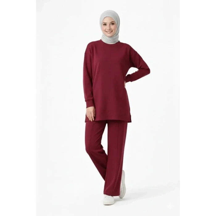 Osy Modal Yumuşak Dokulu Tesettür İkili Takım Yan Yırtmaçlı Uzun Tunik Ve Düz Paça Pantolon, Salaş Kalıp - Bordo