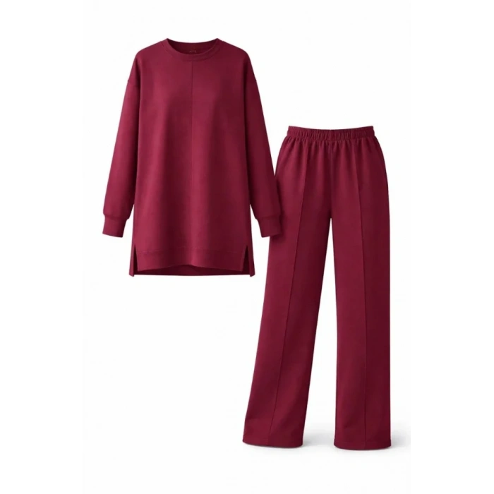 Osy Modal Yumuşak Dokulu Tesettür İkili Takım Yan Yırtmaçlı Uzun Tunik Ve Düz Paça Pantolon, Salaş Kalıp - Bordo