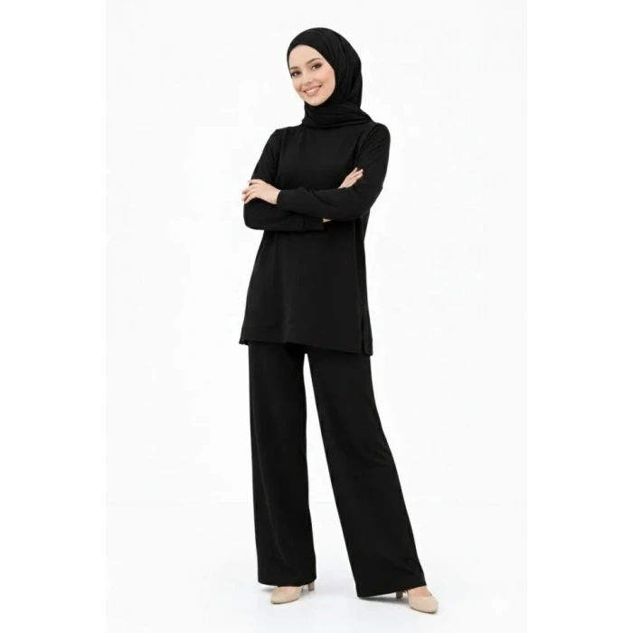 Osy Modal Yumuşak Dokulu Tesettür İkili Takım Yan Yırtmaçlı Uzun Tunik Ve Düz Paça Pantolon, Salaş Kalıp - Siyah