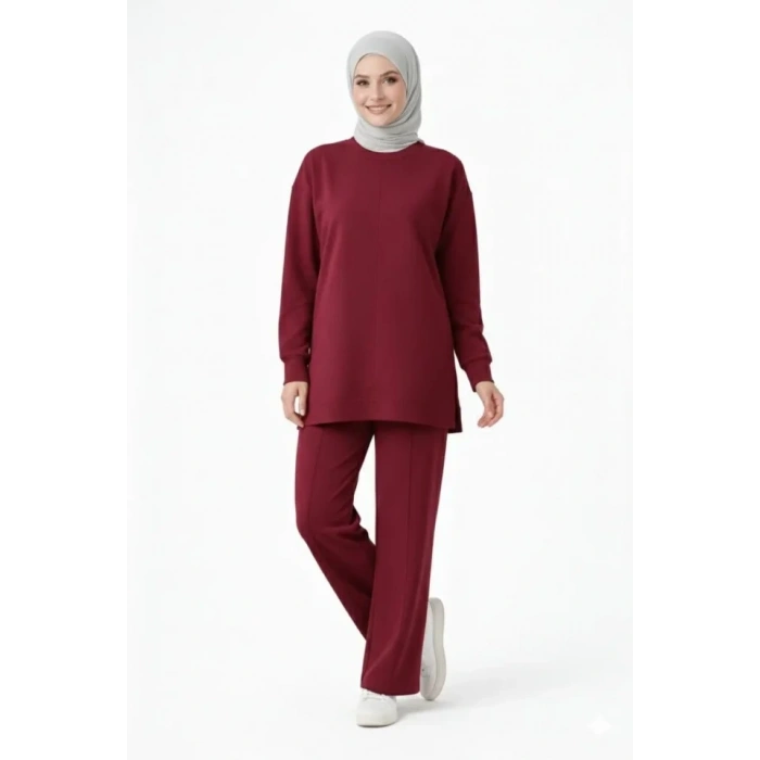Osy Modal Yumuşak Dokulu Tesettür İkili Takım Yan Yırtmaçlı Uzun Tunik Ve Düz Paça Pantolon, Salaş Kalıp - Bordo