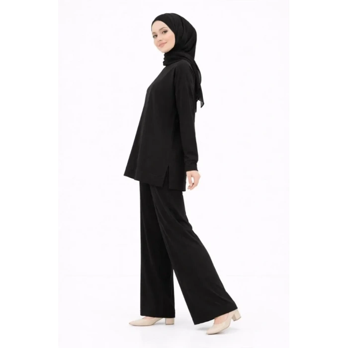 Osy Modal Yumuşak Dokulu Tesettür İkili Takım Yan Yırtmaçlı Uzun Tunik Ve Düz Paça Pantolon, Salaş Kalıp - Siyah