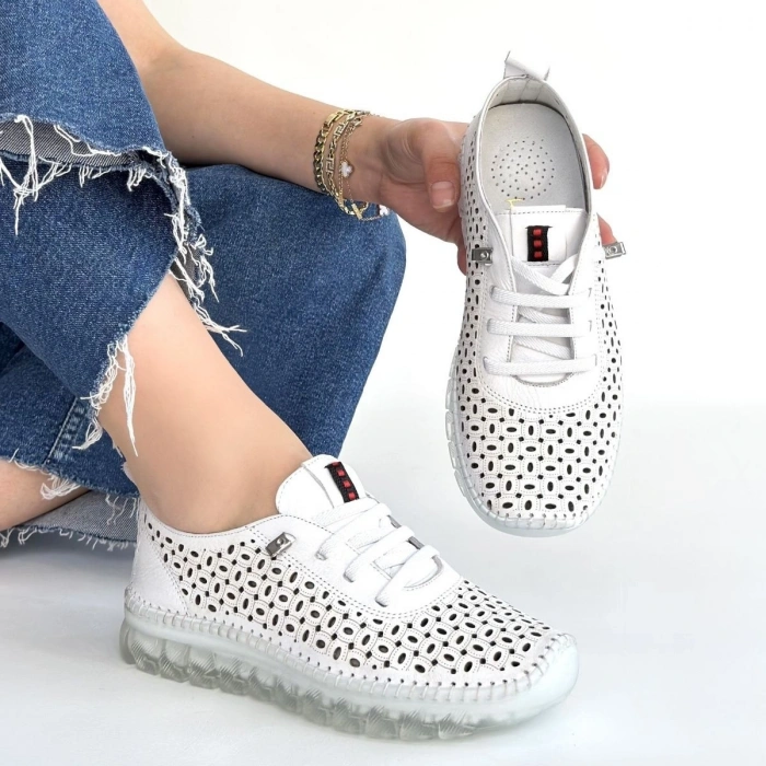 Otja Beyaz Deri Lazerli Bağcıklı Spor Ayakkabı