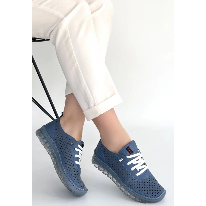 Otja Mavi Deri Lazerli Bağcıklı Spor Ayakkabı