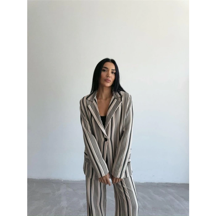 OTTOMAN ÇİZGİLİ CEKET-PANTOLON TK - Bej