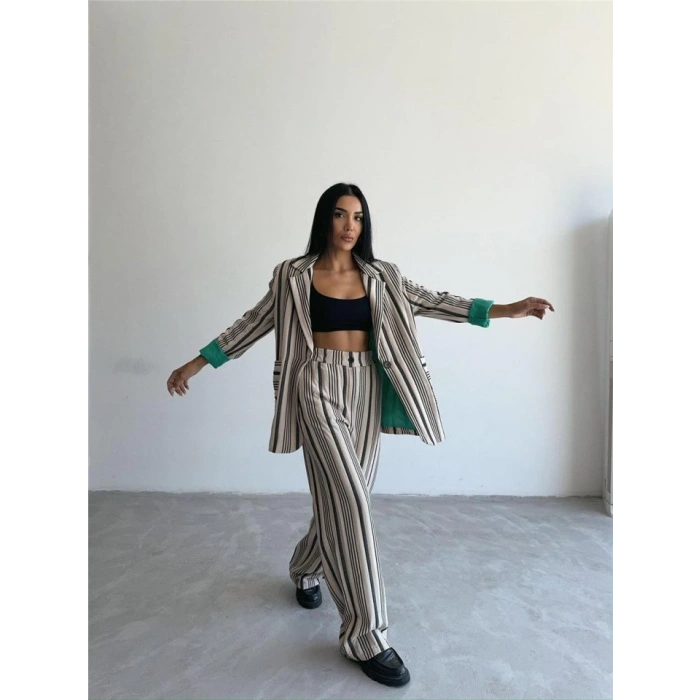 OTTOMAN ÇİZGİLİ CEKET-PANTOLON TK - Bej