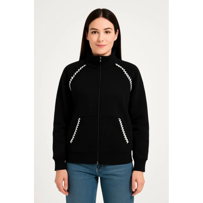 Oversize Dik Yaka Fermuarlı Sweatshirt - Zincir Nakışli Kanguru Cepli, - Siyah