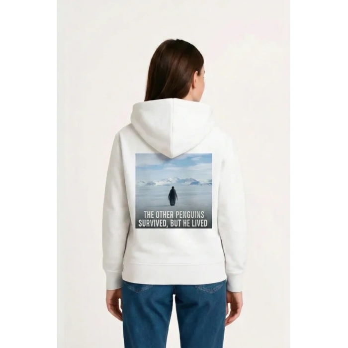 Oversize Hoodie - Sırt Baskılı Survivor Penguin Temalı, Felsefi Yazılı Kapüşonlu Sweatshirt - Beyaz